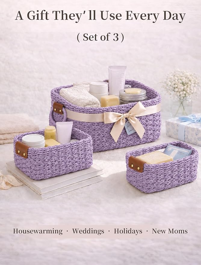 Small Wicker Baskets, 3 PCS Paper Rope Baskets for Shelves, Purple | Recycled Small Baskets, 3 Sizes Woven Baskets for Organizing, Decorative Storage Baskets for Bedroom and Bathroom