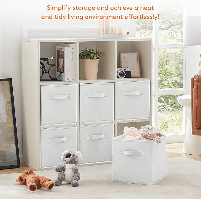 Lifewit Storage Cubes, Foldable Decorative Fabric Storage Baskets for Organizing Home Organizers with Handles for Shelves, Closet, 11 Inch Bins, 18L White, 6 Packs