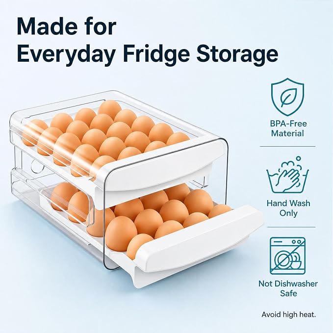 Egg Holder for Fridge, 40-Count Egg Organizer for Refrigerator with Drawers