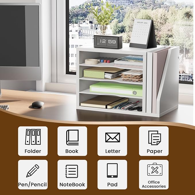 Creso hom Mail Sorter, File Organizer Desktop, Wood Desk Organizer with 3 Adjustable Shelves, Mail Holder for Office, Home, Letter Sorter File Holders for Envelopes, Mail Supplies Magazines, White | Mail Sorter, File Organizer Desktop, Mail Holder for ...