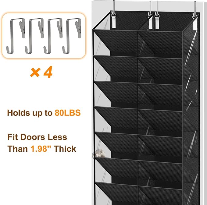 UVIAHOMI 20-30 Pairs Over the Door Shoe Organizer, Clear Pockets Hanging Shoe Storage for Closet, 10-Tier Door Shoes Rack, Handing Shoes Holder Fit All the Family's Sneakers, Boots, Heels, Black