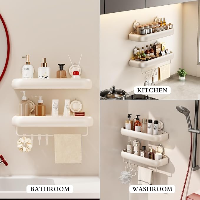 CICUFY Shower Caddy Suction Cup, 1 Pack No Drilling Corner Shower Shelves, Rust Proof Bathroom Storage Organizer, Shower Corner Caddy with Removable Hooks and Towel Bar, Square, Cream
