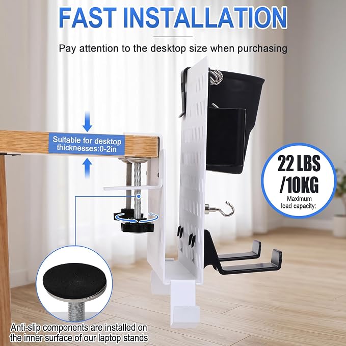 Desk Side Storage Organizer Set No Drill Under Desk Laptop Stand Organizer with Cup Pen Holder Headphone Hanger and Magnet Hook for Office Home Table Fits Edge 0.2" to 2.2"(Classic,White)