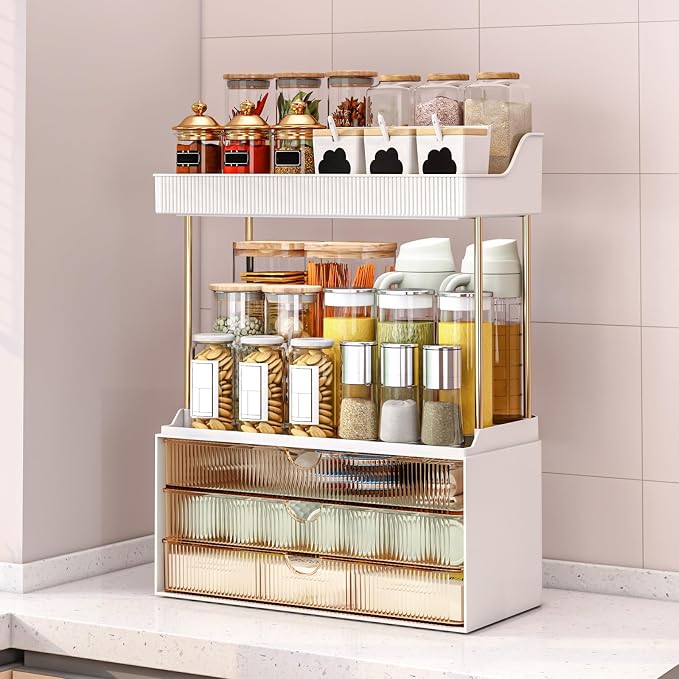 caktraie 3-Drawer 2-Tier Acrylic Makeup & Bathroom Vanity Organizer | Amber,3 smooth drawers, 2 open shelves, dustproof, wipe clean, for large skincare, perfumes, lipsticks, dresser, counter