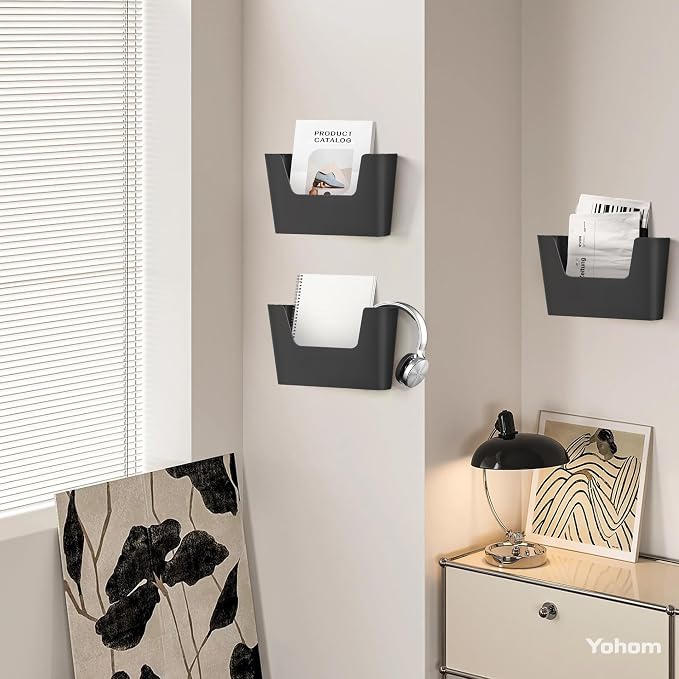 YOHOM Adhesive File Holder Plastic Document Folder Door No Drilling Mount Mail Magazine Organizer A4 Filing Envelopes Folder, Office Wall Mount Single Pocket (BLACK, 3 PCS)