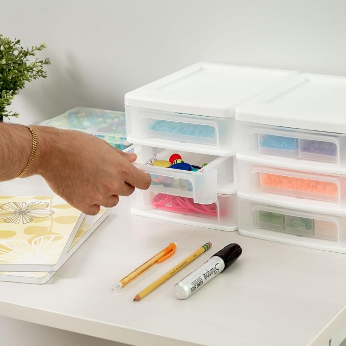 IRIS USA 2-Pack, 3-Drawer Small Plastic Stacking Desktop Organizer, White | Organize office supplies, stationery, makeup, craft materials and everyday essentials for neat desktop storage