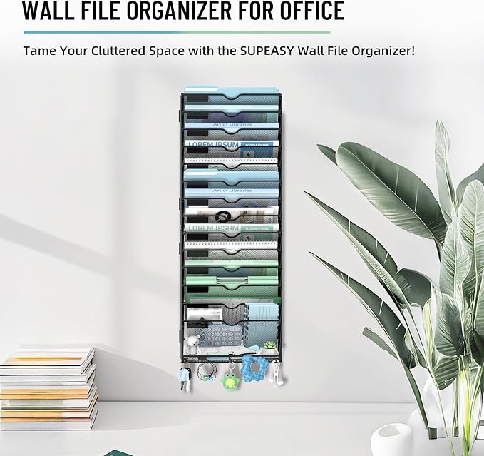 15-Tier Wall File Organizer with 5 Hooks, Wall Mounted Mail Organizer | File Holder Organizer, Metal Mesh Office Wall Organizer for Home, School & Classroom