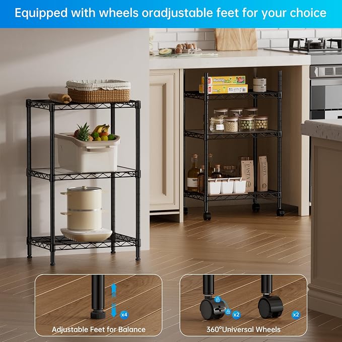 SINGAYE Small Shelves Kitchen Storage Shelf Wire Shelving Metal Adjustable | 3 Tier Shelf Organizers Storage Shelving Unit for Office Pantry Laundry Bathroom Closet Home 11.6" D X 17.6" W X 30" H Black