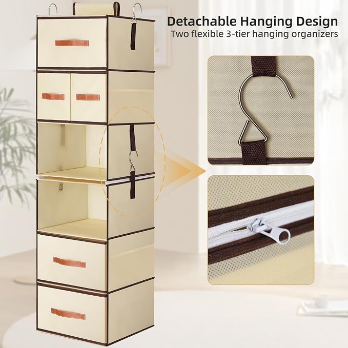 Hanging Closet Organizer 6-Shelf, Upgrade Closet Organizers and Storage with 5 Removable Drawers & 4 Side Pockets, Hanging Shelf Organizer for Closet or Garment Rack, 12.6'' x 12.6'' x 44.1'', Beige