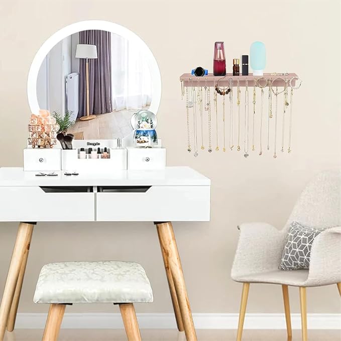 YYILIS Necklace Holder, Upgraded Extra Large Wall Necklace Organizer with 30 Hooks Wall Mounted Necklace Hanger with Jewelry Tray/Cosmetics Shelf Rustic Pine Wood Holder (Pink) | 30 Hooks Wall Mounted Necklace Hanger with Jewelry Tray/Cosmetics Shelf R...