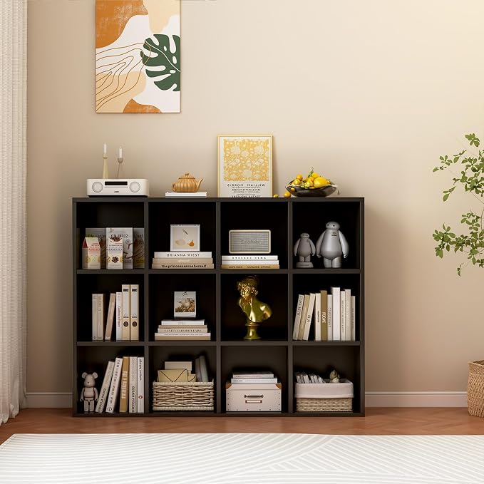 OSCHF 12-Cube Storage Shelf Bookcase, Black | Wooden 3-Tier Open Bookshelf, Fits 11×11" Bins, Vertical or Horizontal Use, Full Back Panels, For Home Office