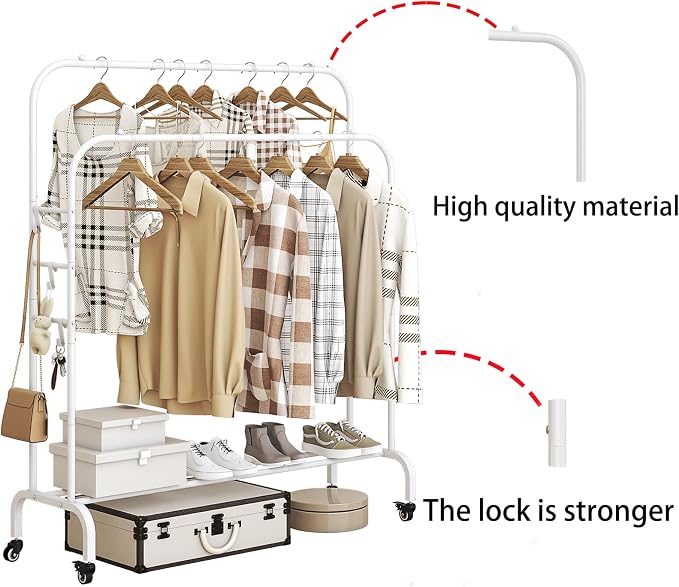 SUOERNUO Clothes Rack with Lockable Wheels Double Rods Metal Garment Racks | Portable Heavy-Duty Clothing Rack with Bottom, Rolling Clothes Shelves for Bedroom Laundry Living Room, White