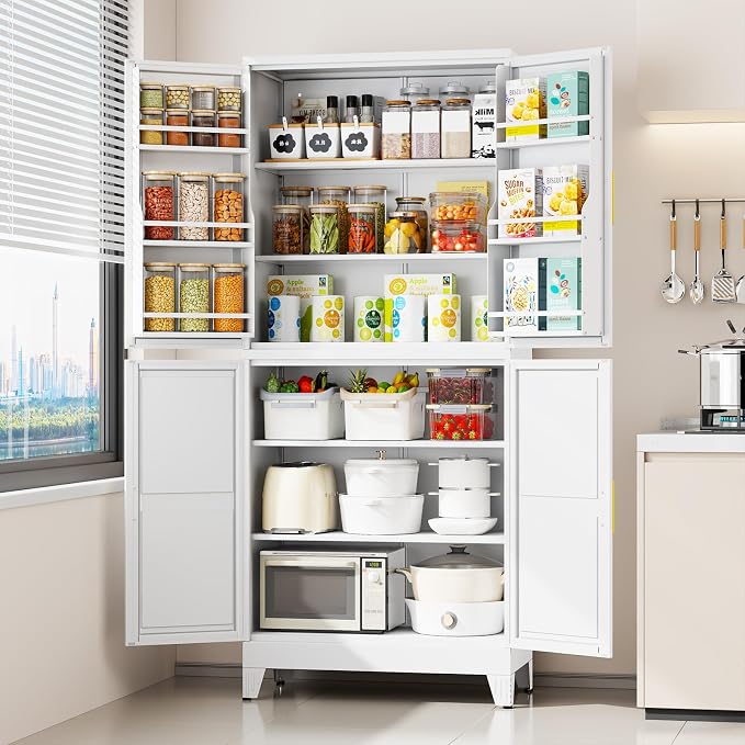 75" Tall Metal Kitchen Pantry Storage Cabinet, Freestanding Cupboard Storage Cabinet with 4 Doors and 4 Adjustable Shelves, Large Stand Up Food Cupboard for Dinning Room, Bathroom, White