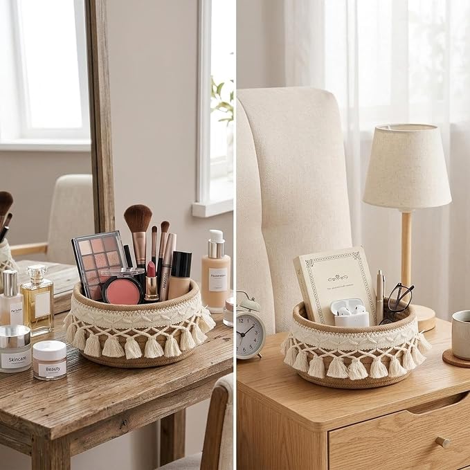 predolo Sundries Storage Basket Rope Handwoven Decorative Organizer Multipurpose Basket Suitable for Living Room Bedside Table Pantry, S 15cmx15cmx8cm