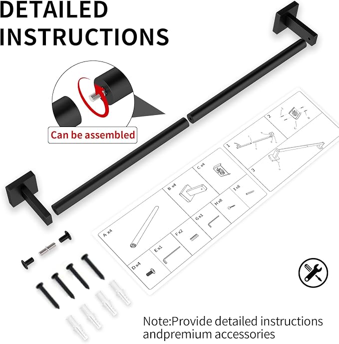 MKO Towel Bar for Bathroom, 24" 2 Pack Wall Mounted Towel Rack, Black | Hand Towel Holder Rod with Heavy-Duty Stainless Steel for Bathroom Kitchen Hanger, 2 Pack Value