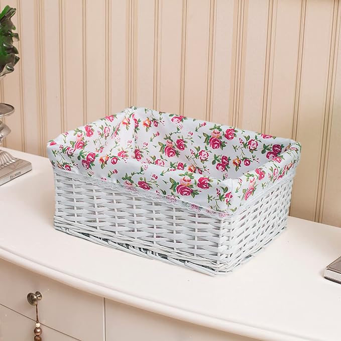 rismart Handmade Wicker Storage Baskets Woven Decorative Organizing Bins for Bedroom Bathroom Shelf White