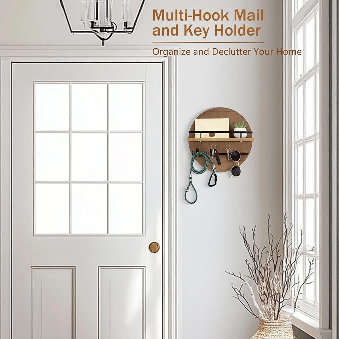 dreampossible Key Holder for Wall Decorative with Shelf and Hooks, Mail Organizer Wall Mount with Sunglasses Holder, Circular Design Entryway Key Rack Hanger, Rustic Home Decor