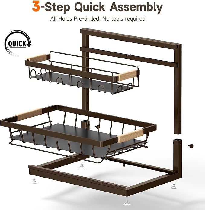 Sevenblue 2-Pack 2-Tier Height Adjustable Under Sink Organizer & Storage | Multi-purpose storage for kitchen & bathroom cabinet. Extra Large brown shelf, height adjustable design for space-saving.