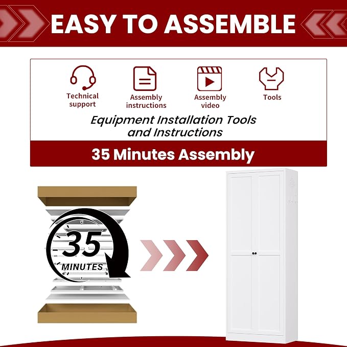 AQY Metal Pantry Cabinet, 72" White Kitchen Storage Cabinet with Doors | 5 Adjustable Shelves • Ventilated Metal Cabinet • Hanging Hooks • Freestanding Kitchen Storage