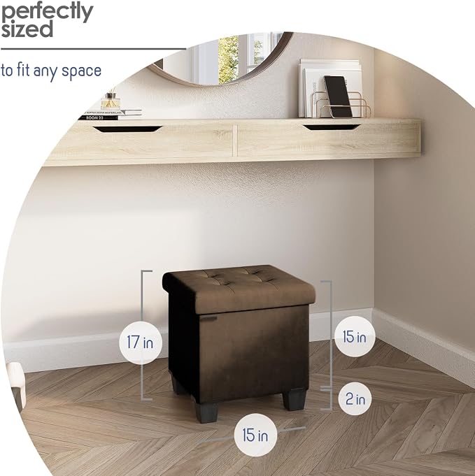 Storage Ottoman Cube with Small Bin, 15-in Square Ottoman with Storage for Living Room and Bedroom, Small Ottomans Foot Rest, Velvet Foot Stools Ottomans Max 330lbs, Brown