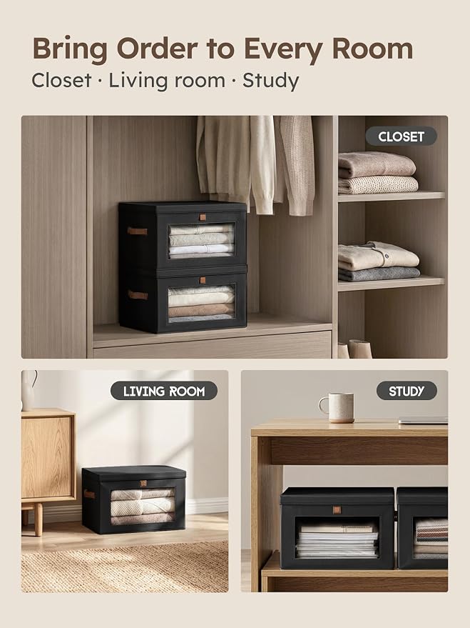Homsorout Medium Fabric Storage Bins - Closet Shelf Organizer with Open Window, 5 Pack Closet Baskets for Shelves, Stackable Decorative Boxes for Home, Dorm, Black, 13.7" x 9.8” x 9.8"
