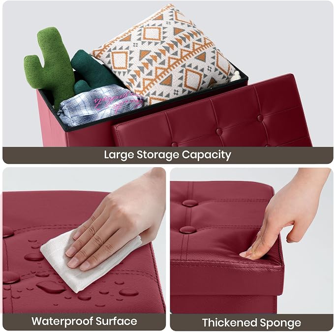 COSYLAND Ottoman Bench with Storage 30x15x15 inches White Ottoman for Room Folding Leather Footrest Footstool Rectangle Collapsible Furniture with Lid for Bedroom Living Room Burgundy
