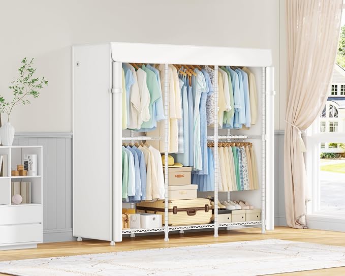 E14C Heavy Duty Closet Organizer System,Freestanding Clothing Racks for Hanging Clothes,Adjustable Garment Rack 58" W × 16" D × 77" H Hold 860 lbs,White Rack with White Cover