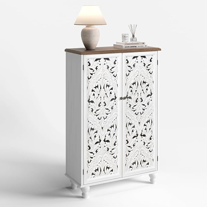 JOINICE 47" Tall Accent Cabinet with Carved Doors & Storage for Living Room | Vertical Storage, Carved Floral Design, Mandala White Buffet, Boho/Farmhouse/Rustic Style, Adjustable Shelves, Easy Assembly