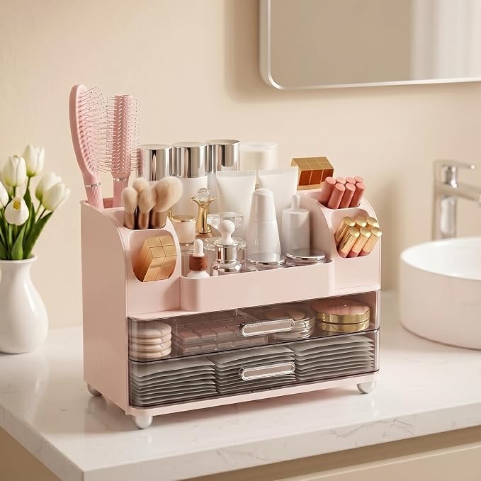Makeup Organizer for Vanity with 2 Large Drawers and 6 Brush Holders, Pink | Large-Capacity Makeup Holder Keeps Skincare and Cosmetics Organized and Easy to Reach on Vanity or Bathroom Counters