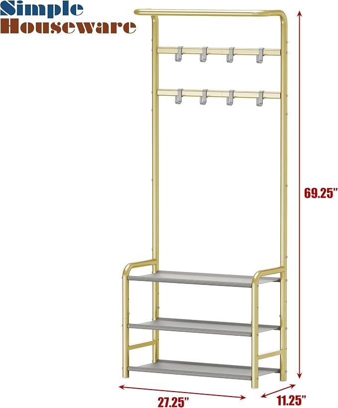 Simple Houseware Coat Rack with Shelf, Hall Tree with Hooks, Champagne Gold | For Entryway, Bedroom, Office, Champagne Gold Metal Clothes Hanger Stand for Coats, Hats, Jackets, Bags