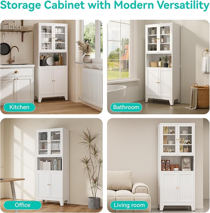 69" Tall Pantry Cabinet with Open Shelf,13.78“Deep By 28" Wide Storage Cabinet with Glass Doors and Adjustable Shelves,Microwave Stand,for Kitchen Dining Room Bathroom,White,1Pc