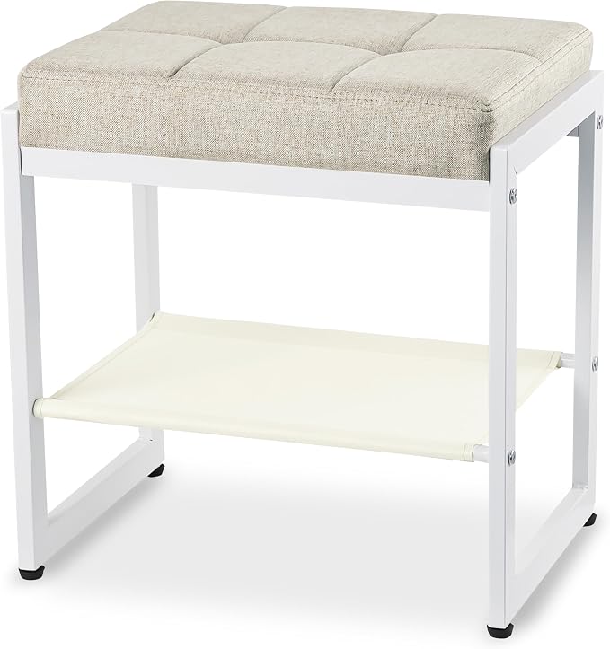 Vanity Stool, Vanity Chair Stools with a Lower Storage Shelf, Square Linen Upholstered Ottoman Bench for Bedroom, Living Room, Small Modern Metal Legs Makeup Chairs, Linen Beige&White