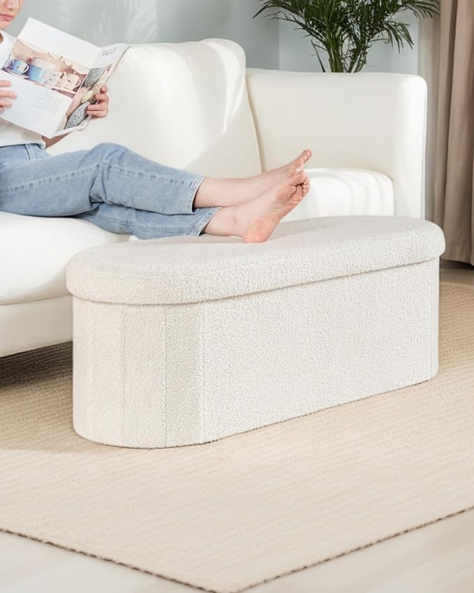 43.3 Inches Foldable Storage Ottoman Bench, Oval Footrest | Teddy Boucle Fabric, Hidden Storage, Soft Padded Seat, End Of Bed Bench For Bedroom, Living Room and Entryway, White