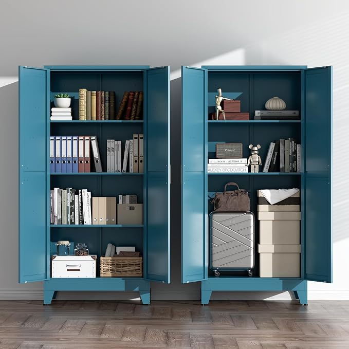 COFaR Home Farmhouse Storage Cabinet with 2 Barn Door, Tall Kitchen Pantry Cupboard with 3 Adjustable Shelves, for Dining Room, Bathroom, Living Room (Blue Green, 61" Farmhouse)
