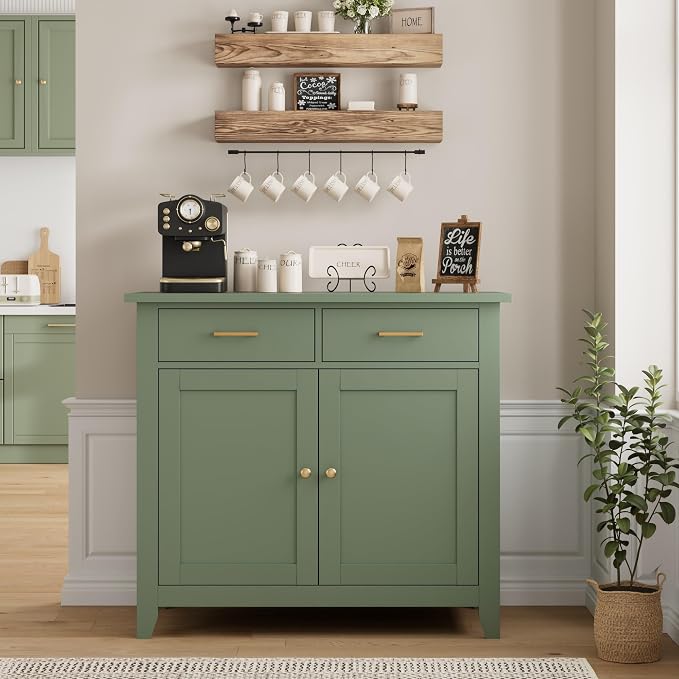 HORSTORS Farmhouse Kitchen Storage Cabinet, Small Buffet, Coffee Bar, Green | Buffet Sideboard with 2 Drawers & 2 Doors, 35.8"W Coffee Table, Sapce-saving Kitchen Cabinet for Dining Living Room, Entryway