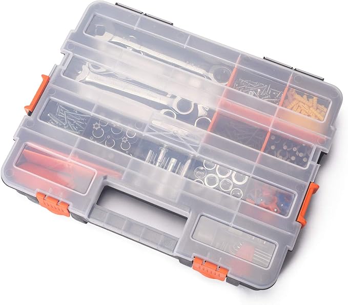 Makitoyo Tool Box Organizers, Interlocking Black Small Parts Organizer for Fasteners, Parts and Crafts w/Removable Dividers, 2 Pieces Pack, Black & Orange,15”L×11.6”W×2.6”H