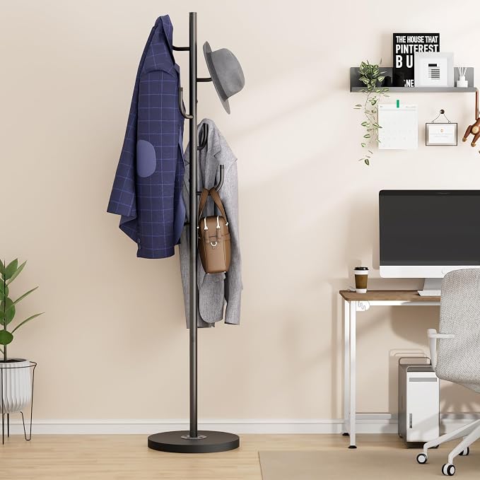 MISSLO Heavy Duty Coat Rack Freestanding with Stable Wood Base Metal Coat Tree Adjustable Coats Hanger Stand with 6 Hooks Clothes Tree for Jackets, Hats, Bags Standing Purse Rack for Bedroom, Office
