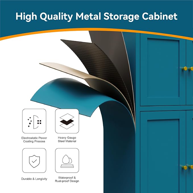 Bevivog Bathroom Floor Storage Cabinet,Metal Accent Cabinets with 4 Doors and 2 Adjustable Shelves,Blue Storage Locker Cabinets Organizer for Pantry Kitchen,Living Room,Hallway, Restroom