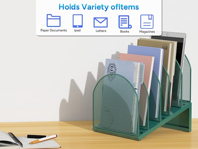 gianotter Desktop File Organizer, Desk Organizer with 5 Compartments, Paper Organizer for Desk, Workspace Organizers for Office Supplies (Green, Inclined Style)