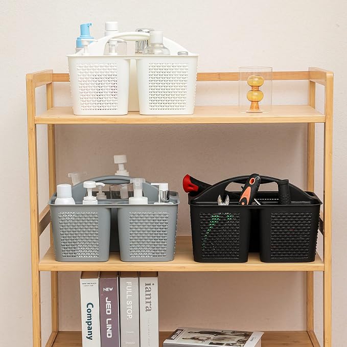 Plastic Portable Shower Caddy Basket with Handle, 3 Compartments, Grey | Storage Organizer with Drain Holes, Sturdy and Durable For Bathroom, Kitchen, College Dorm, Sink, Camping