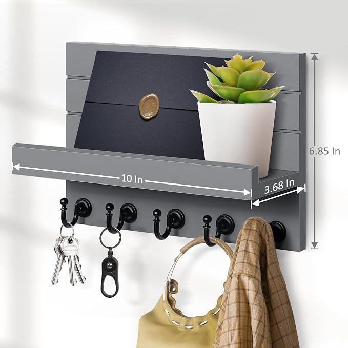 HONJIN Key and Mail Holder for Wall: Rustic Key Hanger Key Rack Organizer with 5 Sturdy Key Hooks for Entryway Bedroom Kitchen House Decor (Grey)