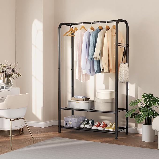 SINGAYE Wardrobe Standing Closet Clothing Rack With Shelf Hanging Clothes | Wardrobe Open Compact Small Metal Garment Hanger Stand Alone Free Standing Black Closet Rack Storage Organizer Heavy Duty
