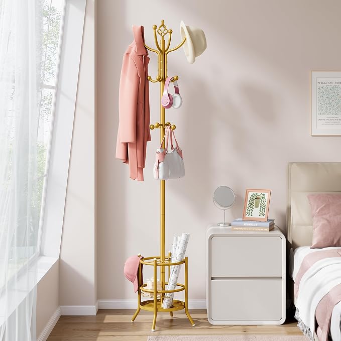 Tajsoon Coat Rack with Umbrella Holder, Coat Tree With 16 Hooks, Gold | 2-In-1 Design, Coat Rack Freestanding, Durable & Stable, Space-Saving, For Living Room, Bedroom, Office