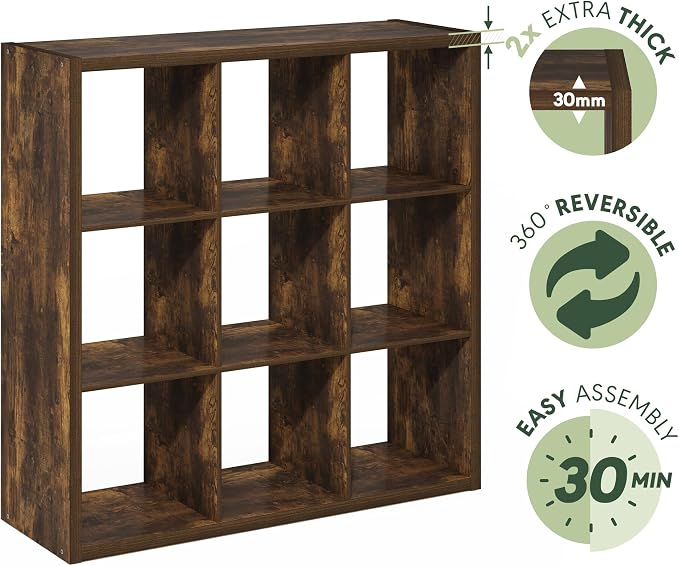 Furinno Cubicle 9-Cube Book Shelf, Extra Thick Frame Bookshelf, Amber Pine | 14.6" x 44" x 44", Reversible Bookcase with Open Back, for Living Room, Bedroom, Home Office