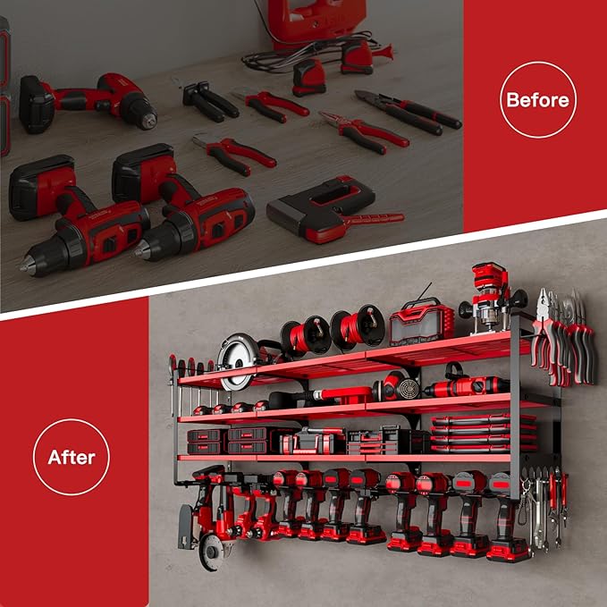 NattyDot Power Tool Organizer Wall Mount, 48-Inch 12 Drill Holders, Red | Extra-wide 48-inch Heavy-duty Wall Rack Stores 12 Cordless Drills and Assorted Tools, Maximizing Garage and Workshop Storage