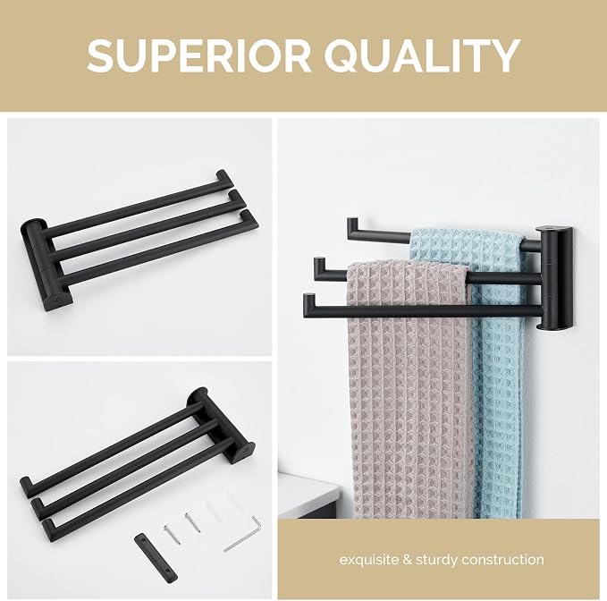 Angle Simple Kitchen Towel Rack, Swivel 3 Bars, Matte Black, 9.84" | SUS304 Stainless Steel Hand Towel Holder for Bathroom Laundry Wall, Foldable Arms Washcloth Hanger, Screws Mounted