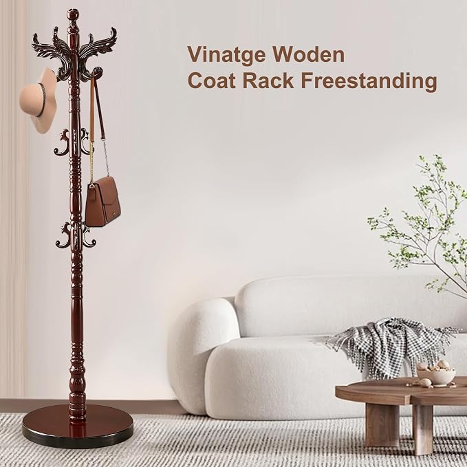Wood Coat Rack Stand Vintage Coat Rack Freestanding with 14 Hooks | Solid Wood Coat Rack with Round Base,Wooden Coat Hanger Stand,Classic Coat Clothes Tree Stand for Office,Bebroom