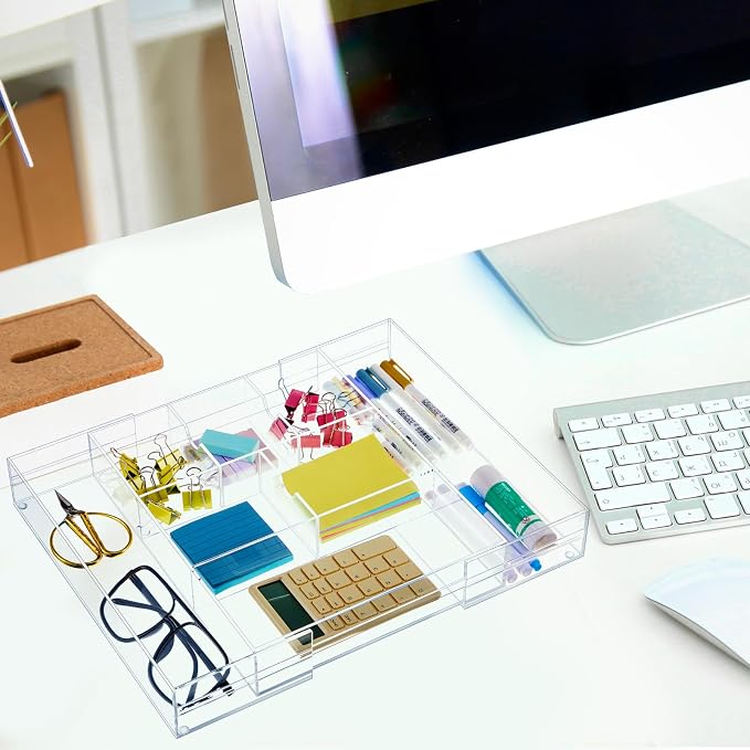 Briwooody Clear Acrylic Drawer Organizer Expandable,8 Compartments,Large | 9'' up to 18'' x 12'' x 2.1'' Desk Drawer Organizer Trays Adjustable with Desk Accessories for Makeup Office Bathroom
