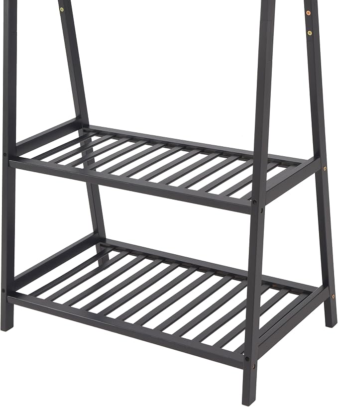 Finnhomy Bamboo Clothes Rack Portable Extra Large Garment Rack 2-Tire Storage Box Shelves For Entryway and Bed Room Patented Design (Black)