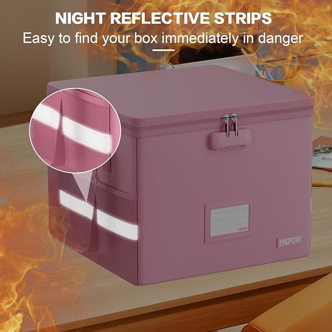 ENGPOW 5200°F File Box Fireproof Document Box with Lock,Heat Insulated Collapsible File Storage Organizer Box with Handle,Portable Home Office File Cabinet for Hanging Letter/Legal Size Folder, Pink